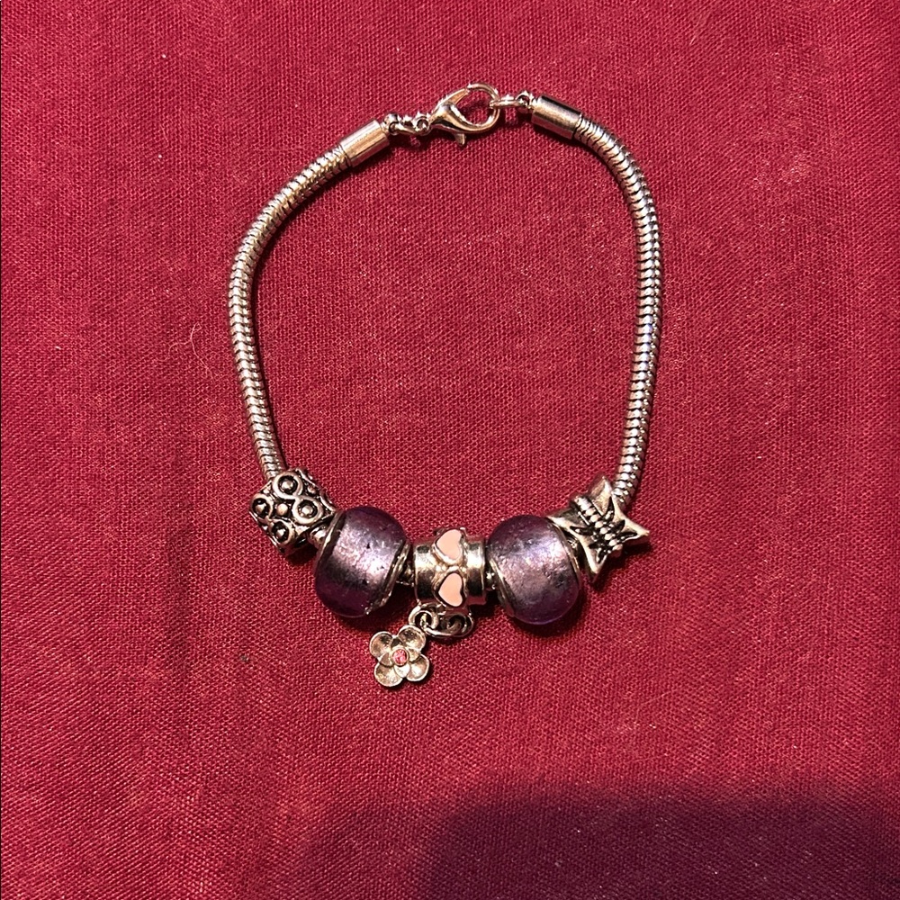Silver and Purple Beaded Charm Bracelet